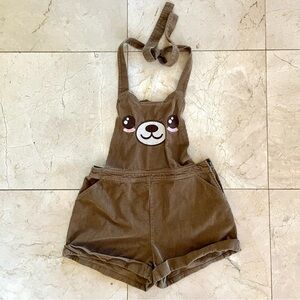 Hot Topic Embroidered Brown Teddy Bear Corduroy Bib Shorts Size Small Coveralls